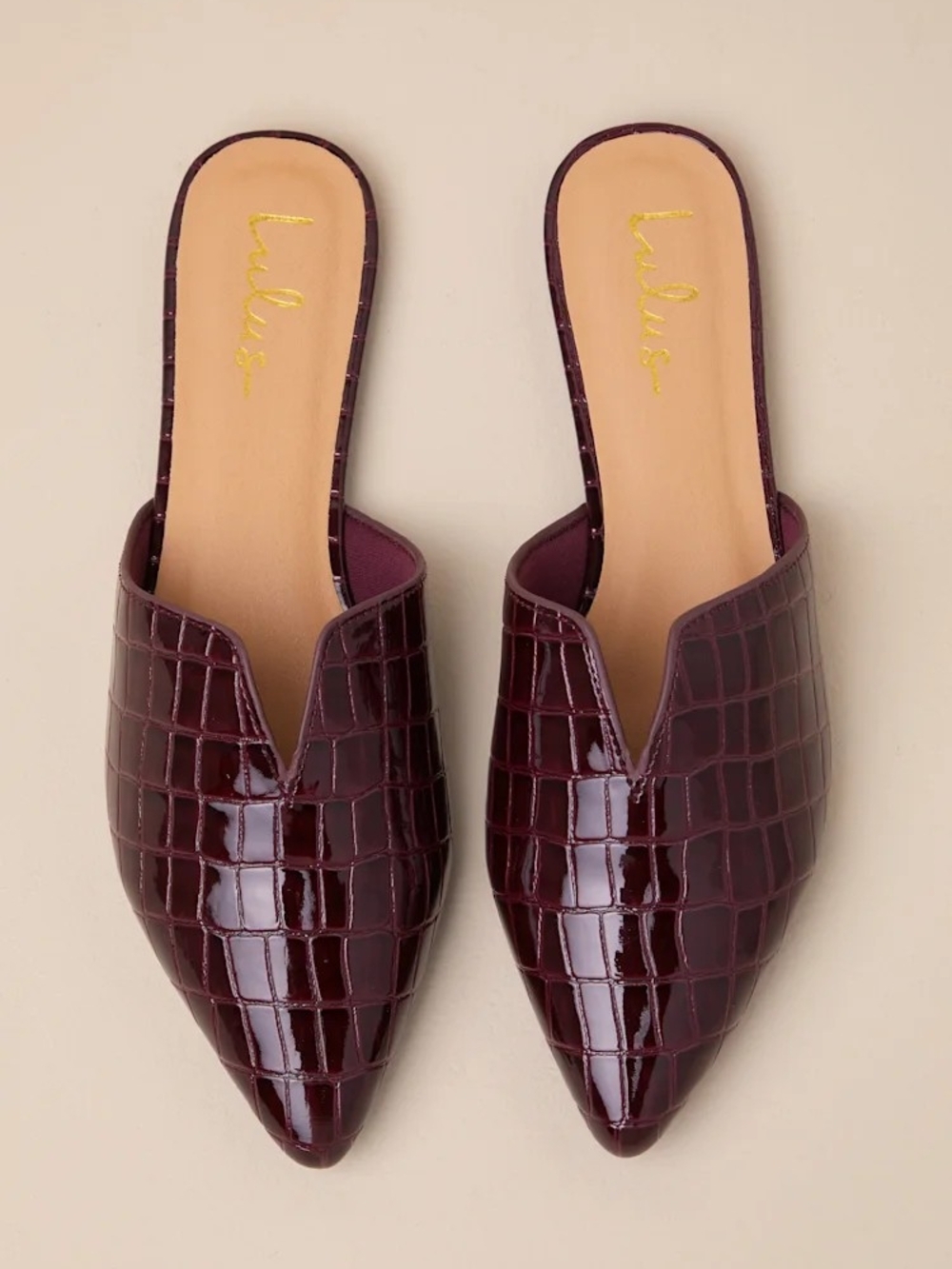 NWT LULUS Wine Croc-Embossed Pointed Slip-On Mules
